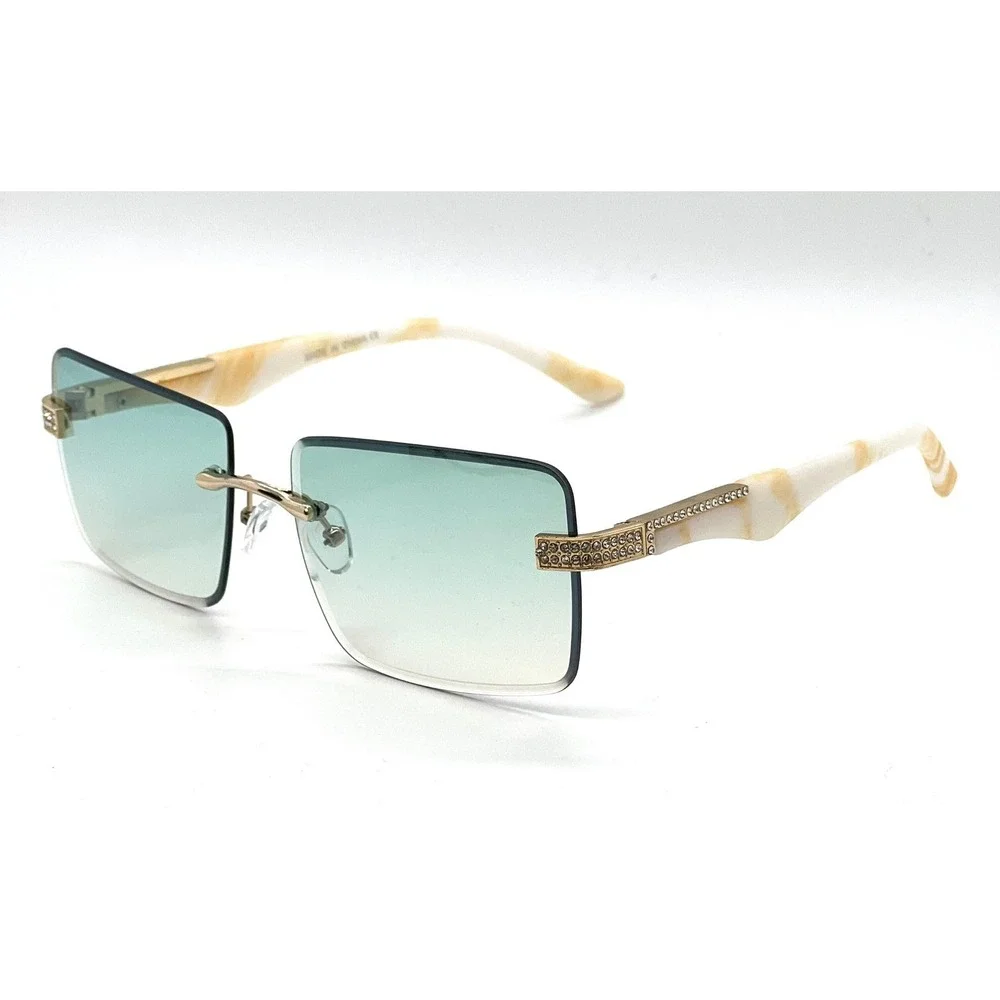 Rimless Rectangle Sunglasses Green Lens Rhinestone Accents Fashion Shades Lentes